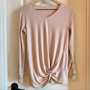 Beige Long Sleeve V-Neck Top w/ Lace (S)